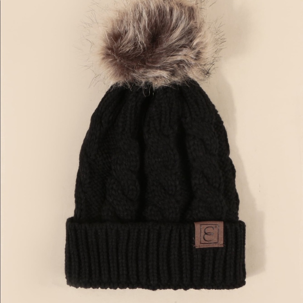 Black Knit Pom Pom Beanie - Picture 2 of 2
